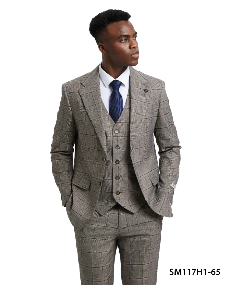 Stacy Adams Men's 3 Piece Hybrid Windowpane Suit - Notch Lapel - 38R