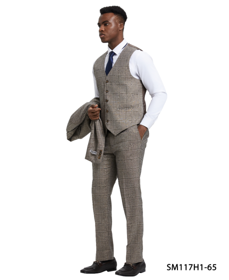 Stacy Adams Men's 3 Piece Hybrid Windowpane Suit - Notch Lapel - 38R