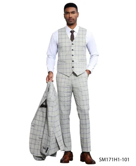 Stacy Adams Men's 3 Piece Hybrid Fit Suit - Twin Lined Windowpane - 38R