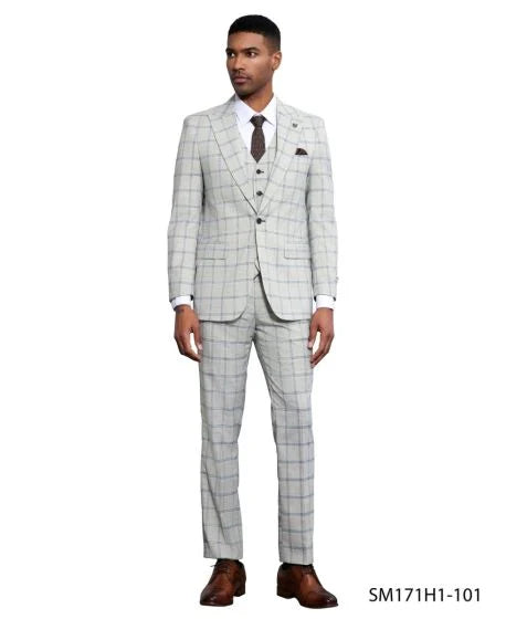 Stacy Adams Men's 3 Piece Hybrid Fit Suit - Twin Lined Windowpane - 38R