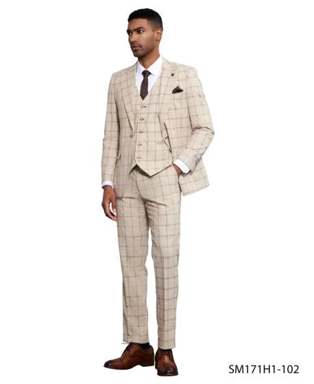 Stacy Adams Men's 3 Piece Hybrid Fit Suit - Twin Lined Windowpane - 38R