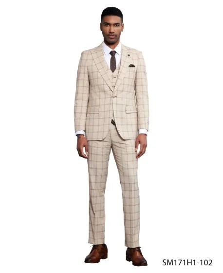 Stacy Adams Men's 3 Piece Hybrid Fit Suit - Twin Lined Windowpane - 38R