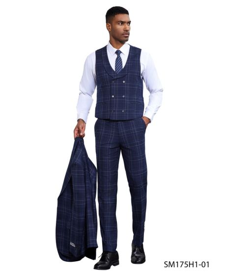 Stacy Adams Men's 3 Piece Hybrid Fit Suit - Window Plaid - 38R