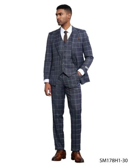 Stacy Adams Men's 3 Piece Hybrid Fit Suit - Large Checker Pattern - 38R