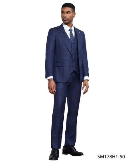 Stacy Adams Men's 3 Piece Hybrid Fit Suit - Large Checker Pattern - 38R