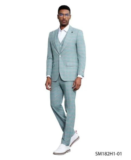 Stacy Adams Men's 3 Piece Windowpane Suit - Hybrid Fit - 38R