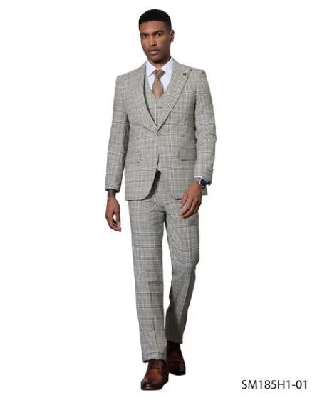 Stacy Adams Men's 3 Piece Windowpane Hybrid Fit Suit - Light Colors - 38R