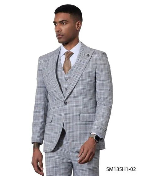 38R Stacy Adams Men's 3 Piece Windowpane Hybrid Fit Suit - Light Colors