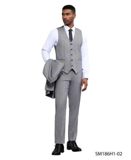 Stacy Adams Men's 3 Piece Hybrid Fit Suit - Subtle Windowpane - 38R