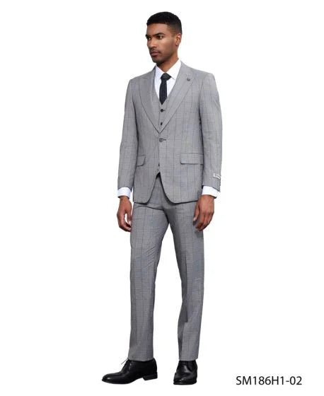 Stacy Adams Men's 3 Piece Hybrid Fit Suit - Subtle Windowpane - 38R