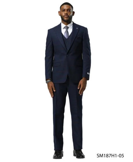 Stacy Adams Men's 3 Piece Hybrid Fit Suit - Glen Plaid Pattern - 38R