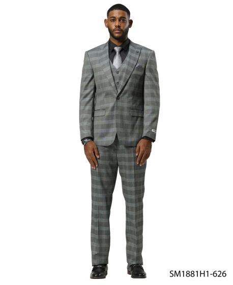 Stacy Adams Men’s 3 Piece Glen Check Hybrid Fit Suit, Formal Wedding Business Suit in Navy, Gray and Brown