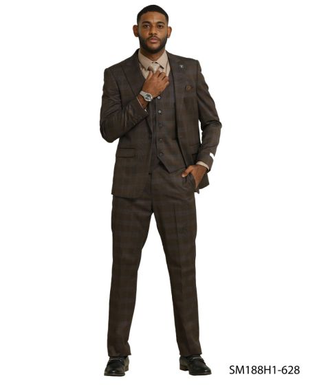 Stacy Adams Men’s 3 Piece Glen Check Hybrid Fit Suit, Formal Wedding Business Suit in Navy, Gray and Brown