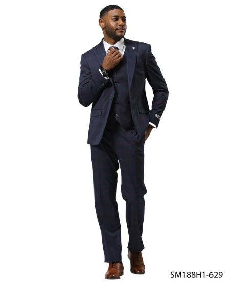 Stacy Adams Men’s 3 Piece Glen Check Hybrid Fit Suit, Formal Wedding Business Suit in Navy, Gray and Brown