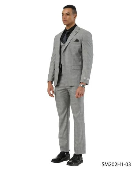 Stacy Adams Men's 3 Piece Hybrid Fit Suit - Subtle Windowpane Plaid - 34R
