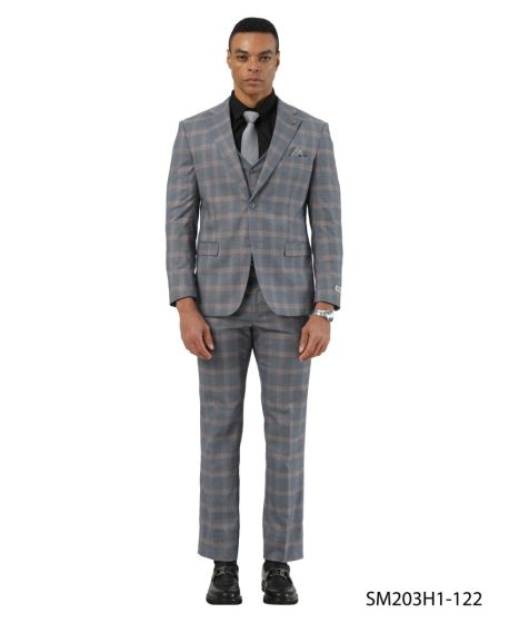Stacy Adams Men's 3 Piece Hybrid Fit Suit - Plaid Pattern - 34R