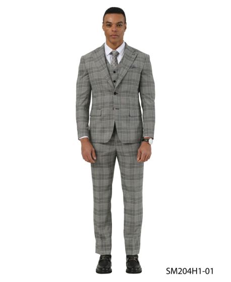 Stacy Adams Men's 3 Piece Glen Plaid Suit - Hybrid Fit - 38R