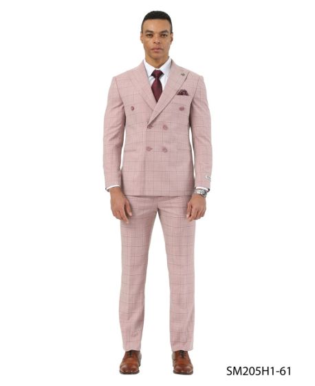 Stacy Adams Men's 2 Piece Windowpane Hybrid Fit Suit - Double Breasted - 36R