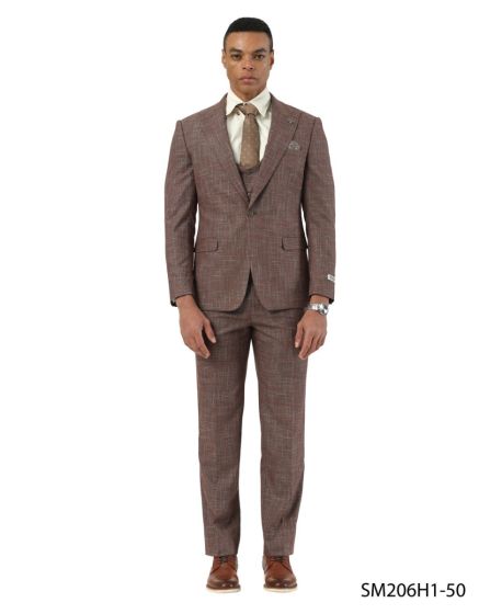 Stacy Adams Men’s Brown Textured Windowpane 3 Piece Hybrid Fit Suit, Black and Orange Check Formal Dress Suit for Weddings, Prom, Business Events, and Parties