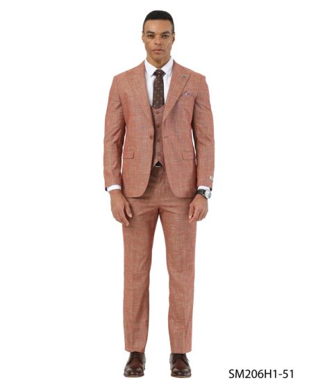 Stacy Adams Men’s Brown Textured Windowpane 3 Piece Hybrid Fit Suit, Black and Orange Check Formal Dress Suit for Weddings, Prom, Business Events, and Parties