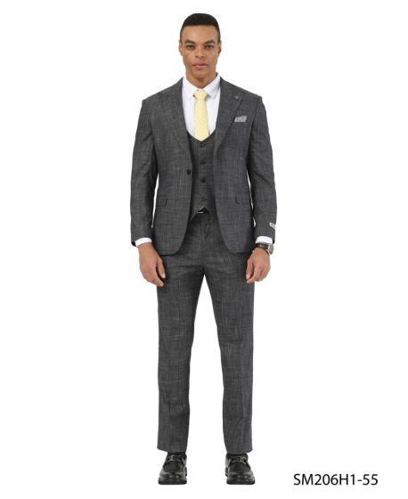 Stacy Adams Men’s Brown Textured Windowpane 3 Piece Hybrid Fit Suit, Black and Orange Check Formal Dress Suit for Weddings, Prom, Business Events, and Parties