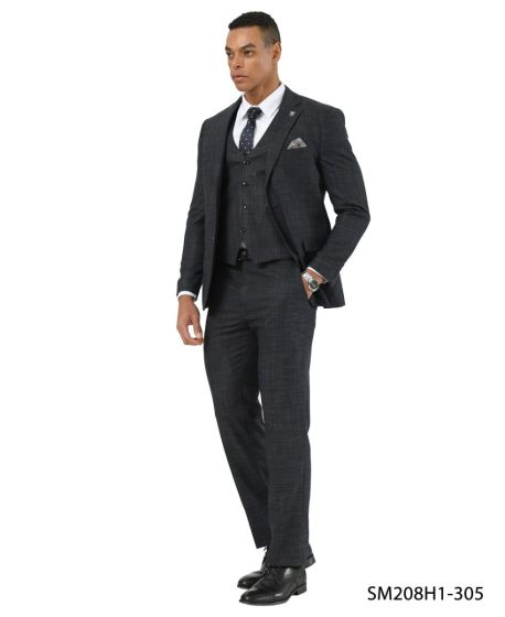 Stacy Adams Men's 3 Piece Hybrid Fit Suit - Crosshatch Pattern - 34R