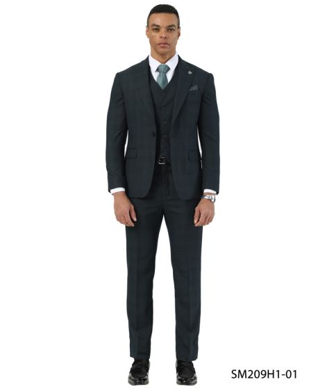 Stacy Adams Men's 3 Piece Hybrid Fit Suit - Subtle Glen Plaid Pattern - 38R