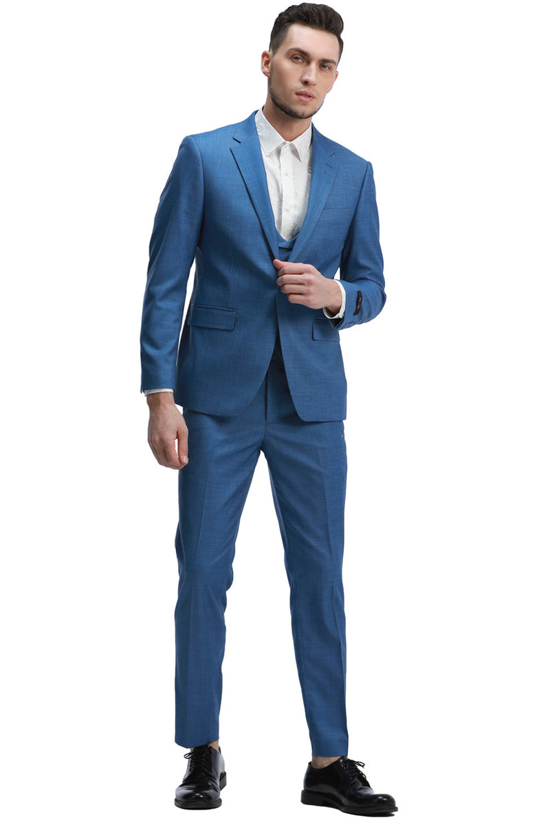 "Indigo Blue Sharkskin Wedding Suit: Men's Slim Fit Double Breasted Vest" - 46 Regular