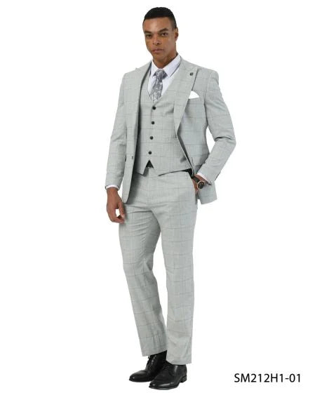 Stacy Adams Men's 3 Piece Hybrid Fit Suit - Crisp Windowpane Pattern - 38R