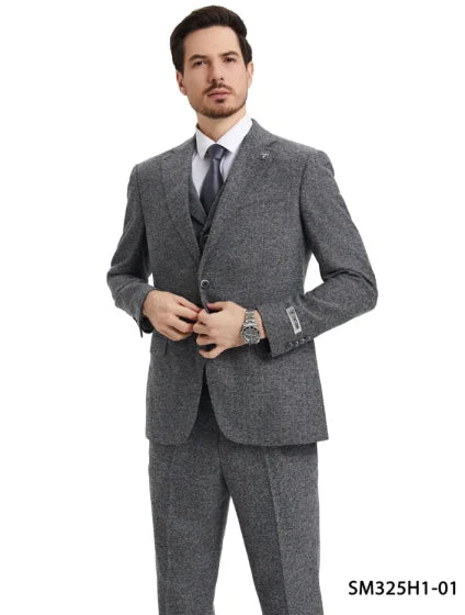 Stacy Adams Men's 3 Piece Hybrid Fit Suit - Herringbone - 36R