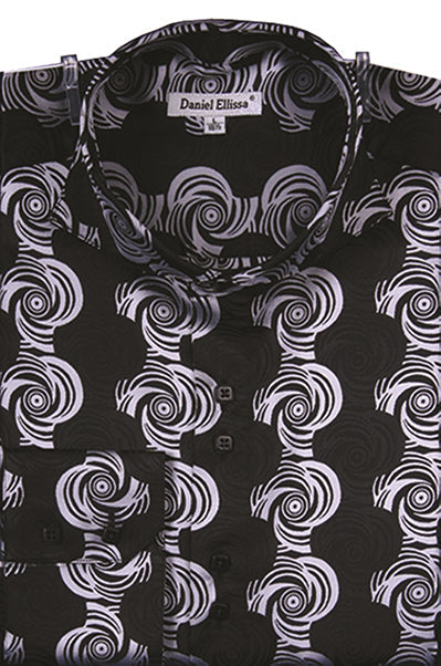 "Men's Sports Shirt - Regular Fit, Fancy Swirl Pattern, Black & Silver" - M