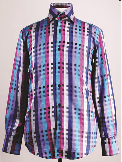 Blue Men's Regular Fit Sports Shirt - Fancy Tonal Square Pattern