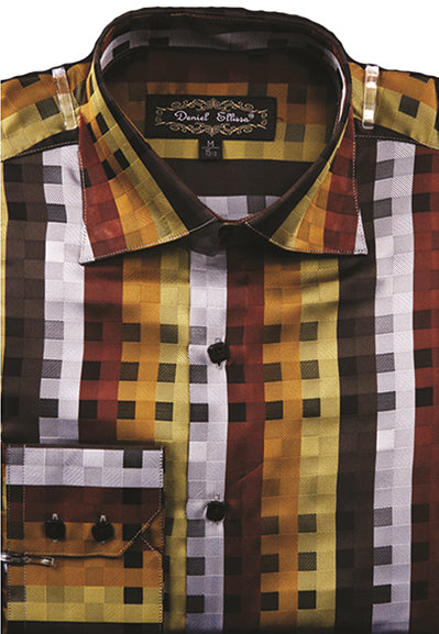 "Men's Regular Fit Sports Shirt - Fancy Tonal Square Pattern, Brown"
