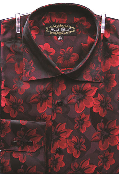 "Burgundy Men's Regular Fit Floral Sports Shirt - Fancy Tonal Pattern"