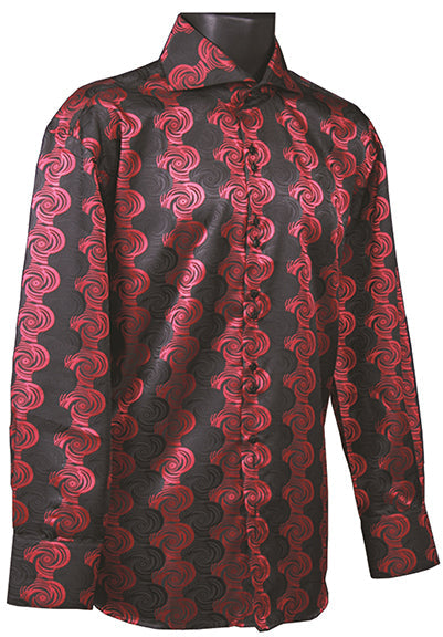 "Men's Sports Shirt - Regular Fit, Fancy Swirl Pattern, Black & Red" - M