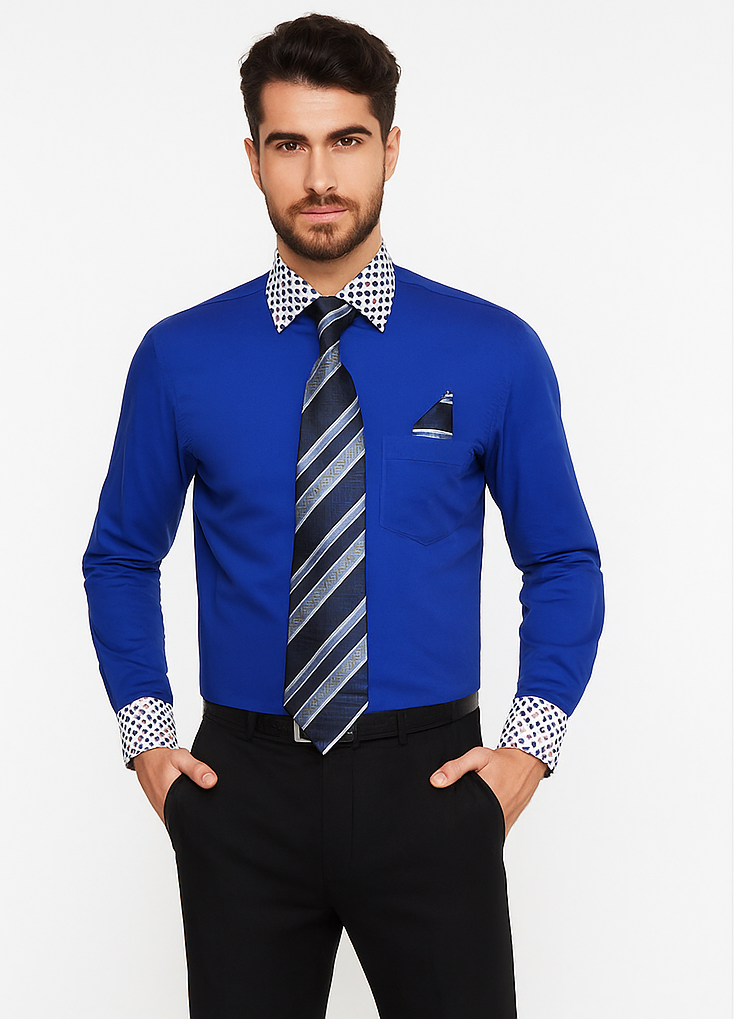 Solid/Polka Dot Pattern Cotten Blend Royal Blue Shirt With Tie & Hanky Men's Dress Shirt - Small 14.5” Neck / 32-33” Sleeve