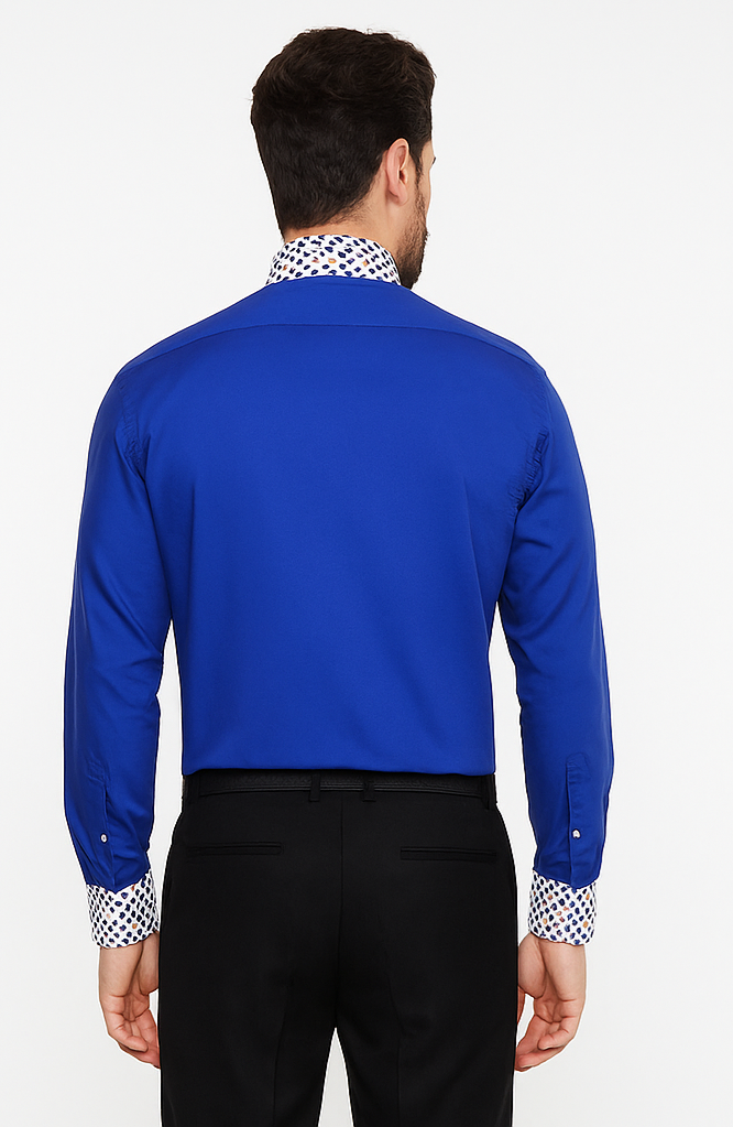 Solid/Polka Dot Pattern Cotten Blend Royal Blue Shirt With Tie & Hanky Men's Dress Shirt - Small 14.5” Neck / 32-33” Sleeve