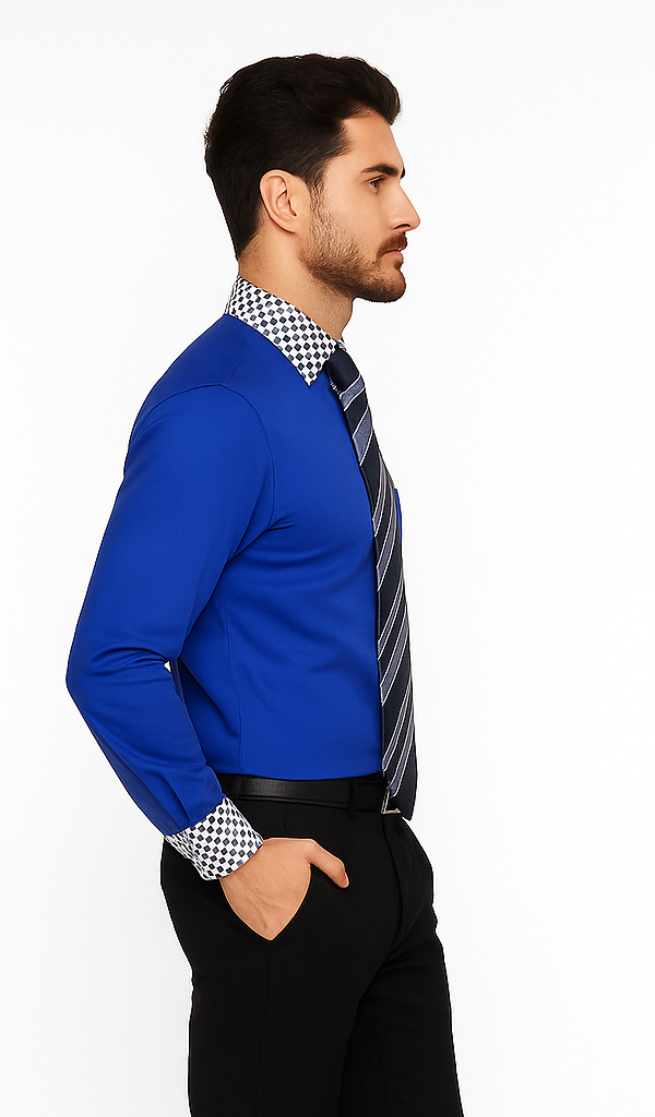 Solid/Polka Dot Pattern Cotten Blend Royal Blue Shirt With Tie & Hanky Men's Dress Shirt - Small 14.5” Neck / 32-33” Sleeve
