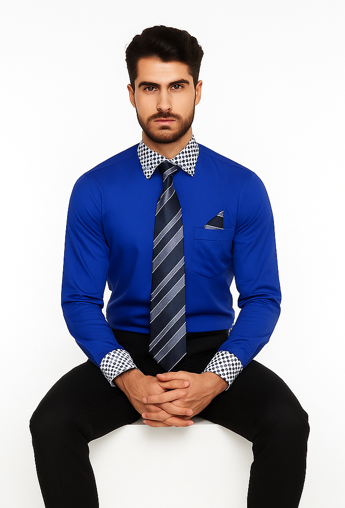 Solid/Polka Dot Pattern Cotten Blend Royal Blue Shirt With Tie & Hanky Men's Dress Shirt - Small 14.5” Neck / 32-33” Sleeve