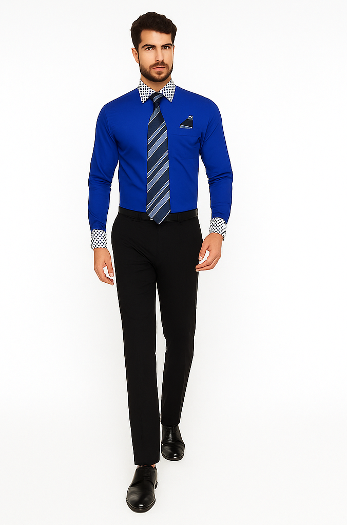 Solid/Polka Dot Pattern Cotten Blend Royal Blue Shirt With Tie & Hanky Men's Dress Shirt - Small 14.5” Neck / 32-33” Sleeve