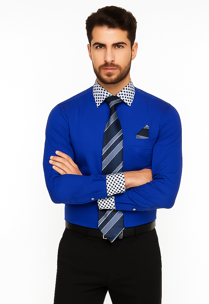 Solid/Polka Dot Pattern Cotten Blend Royal Blue Shirt With Tie & Hanky Men's Dress Shirt - Small 14.5” Neck / 32-33” Sleeve