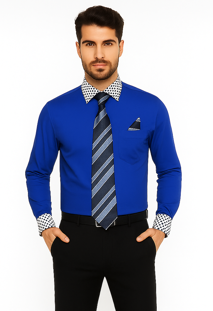Solid/Polka Dot Pattern Cotten Blend Royal Blue Shirt With Tie & Hanky Men's Dress Shirt - Small 14.5” Neck / 32-33” Sleeve