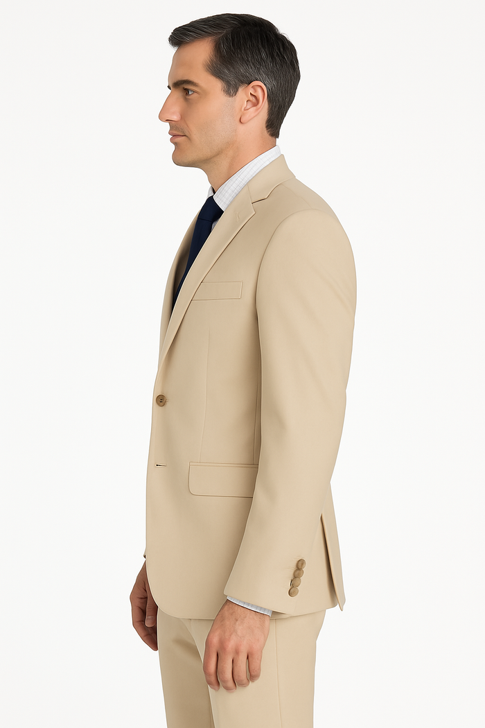 solid beige 2 piece stretch suit for men