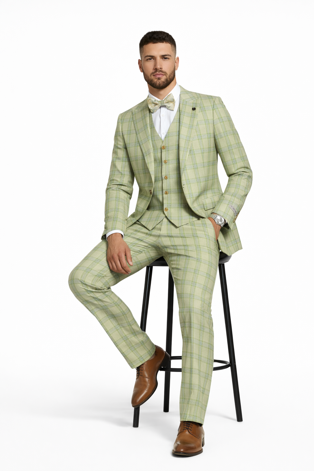 "Mens Stacy Adams Suit - Stacy Adams Men's Plaid Suit with Paisley Vest & Bow Tie - Sage Green" - Default Title