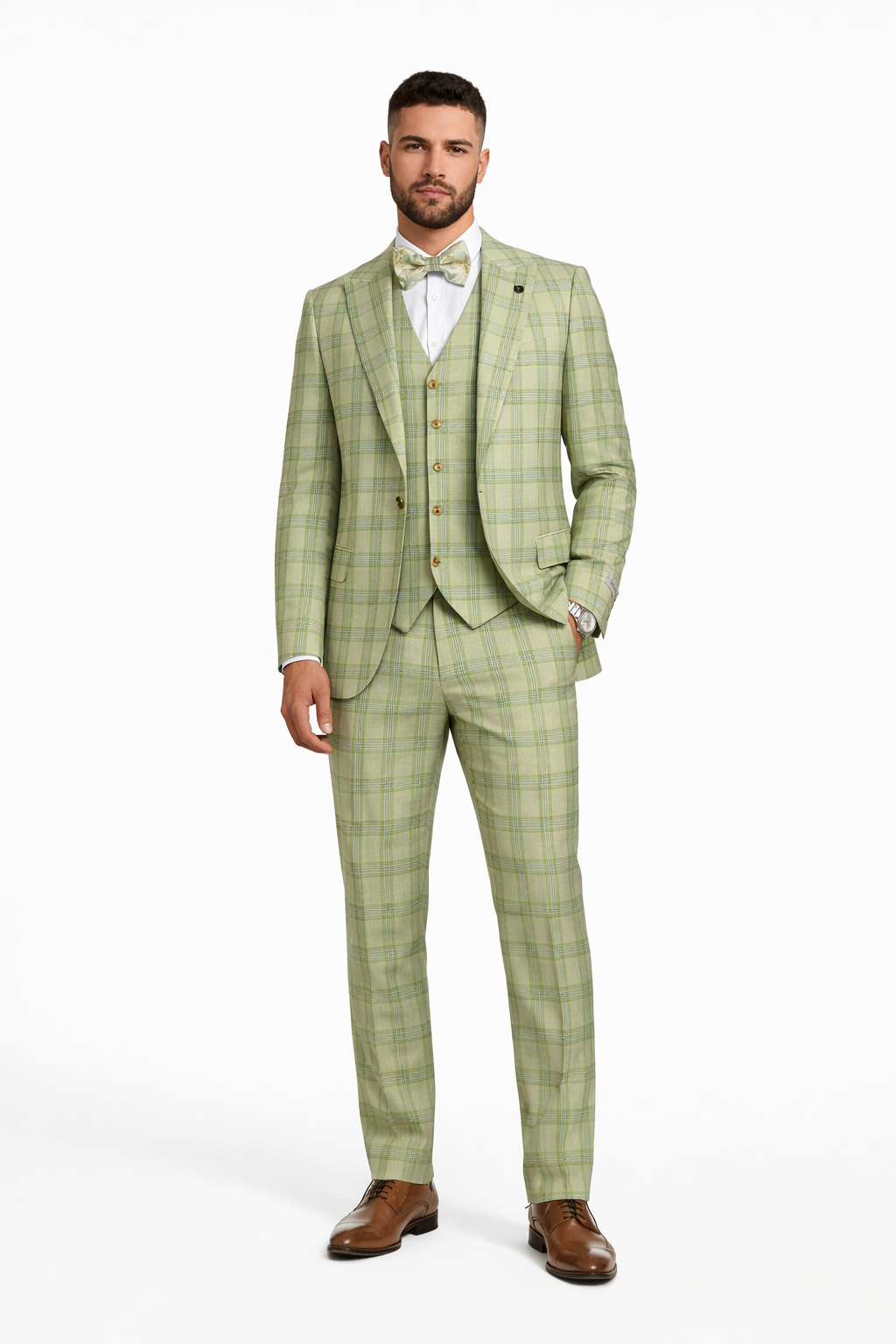 "Mens Stacy Adams Suit - Stacy Adams Men's Plaid Suit with Paisley Vest & Bow Tie - Sage Green" - Default Title