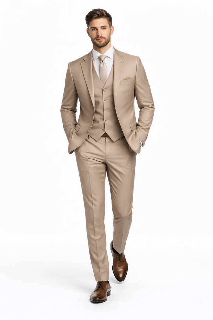 Mens Stacy Adams Suits - Designer Suit - 3 Piece Suit - Vested Suit - Flat Front Pant- Modern Fit Suits Tan Suit