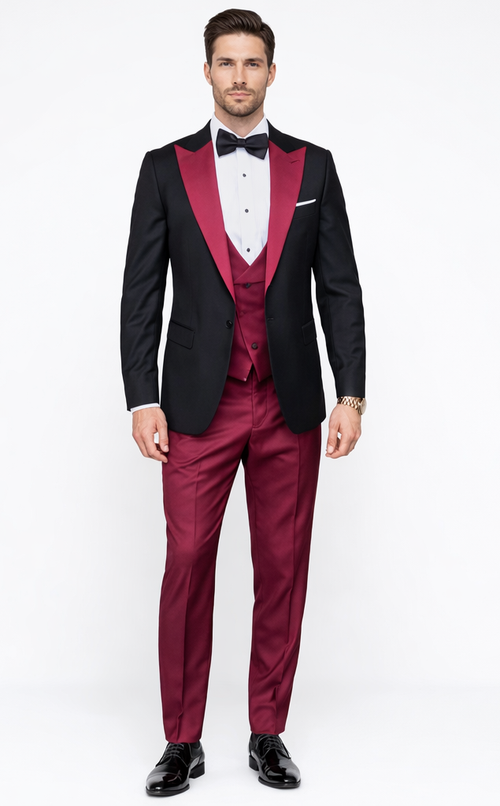 Statement Fashion Tuxedo Suit Mens Burgundy Black Trendy Tux