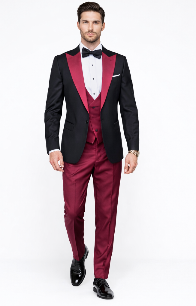 Statement Fashion Tuxedo Suit Mens Burgundy Black Trendy Tux