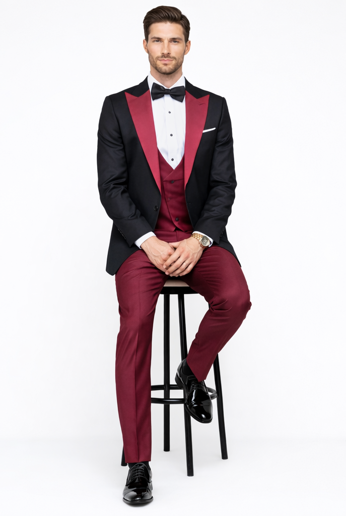 Statement Fashion Tuxedo Suit Mens Burgundy Black Trendy Tux
