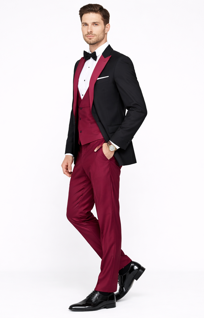 Statement Fashion Tuxedo Suit Mens Burgundy Black Trendy Tux